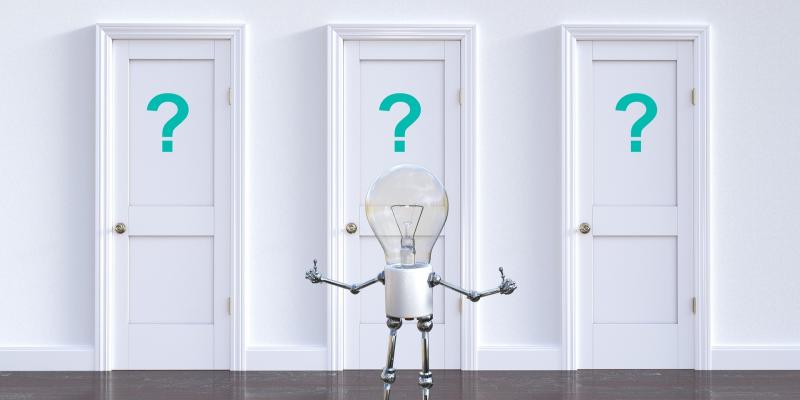 A robot with a lightbulb for a head standing in front of three doors with question marks on them